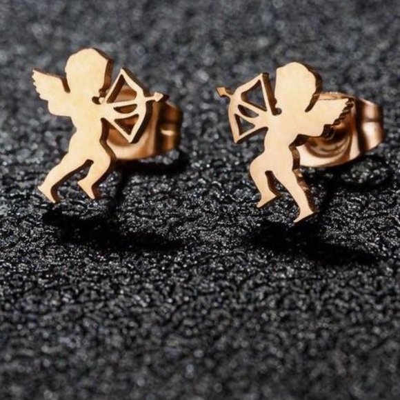 Stainless Steel Gold Cupid Angel Bow and Arrow Earrings, Cupid Stud Earrings - Picture 3 of 5